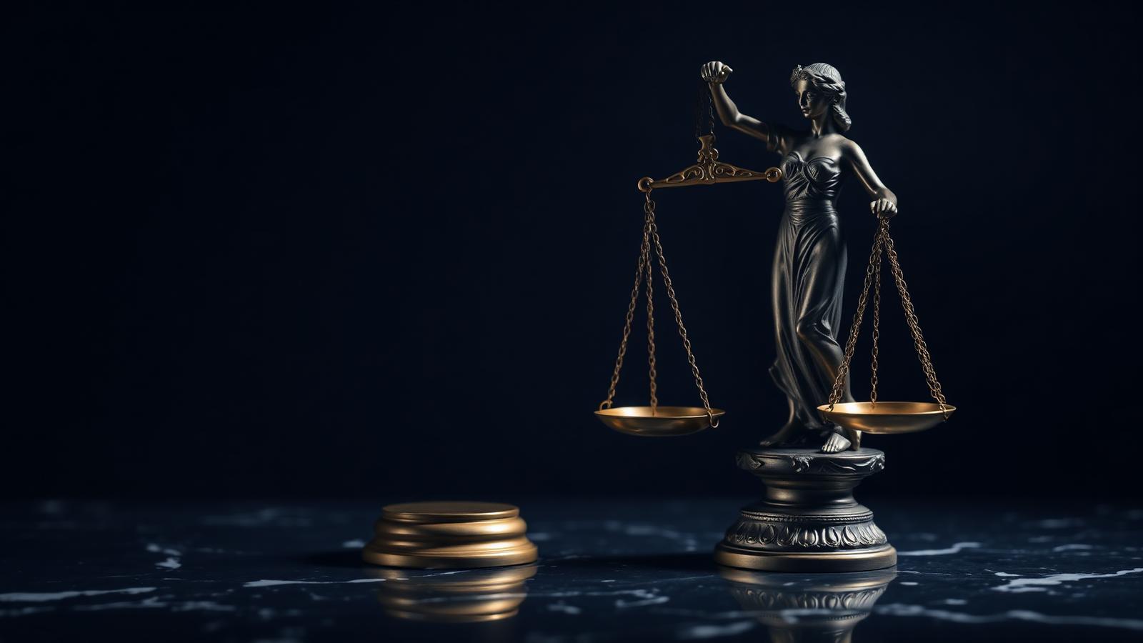 Estatua de la Justicia con balanza dorada, símbolo del derecho penal